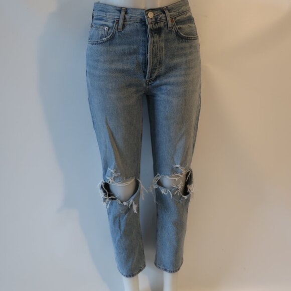 Womens Agolde Riley Blue 100% Cotton Button-Fly Distressed Denim Jeans 26 - Picture 6 of 12